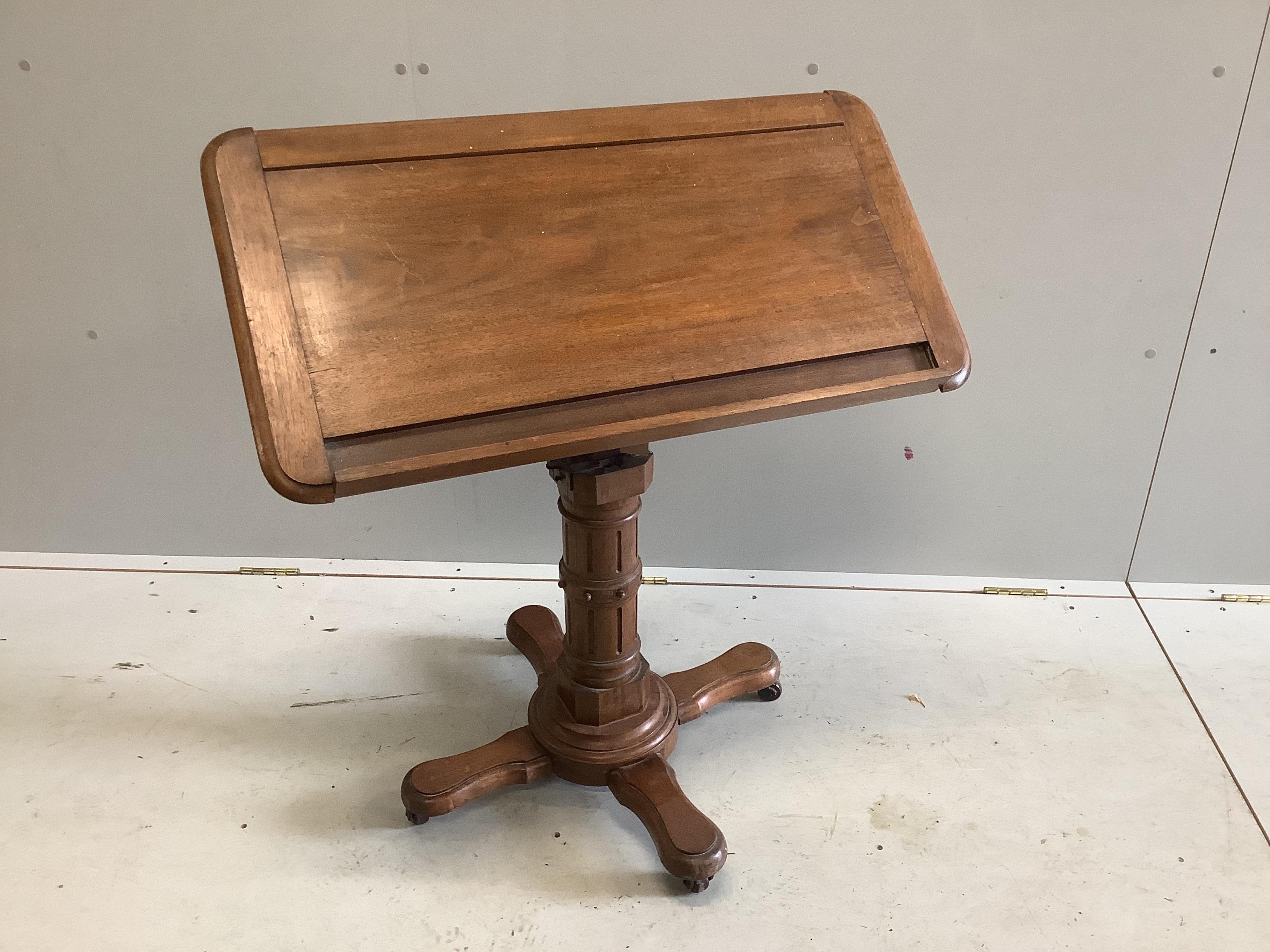 A Victorian mahogany John Carter Patent adjustable reading table, width 82cm, depth 42cm. Condition - fair